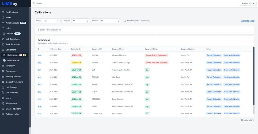 LIMSey equipment calibration tracking screen