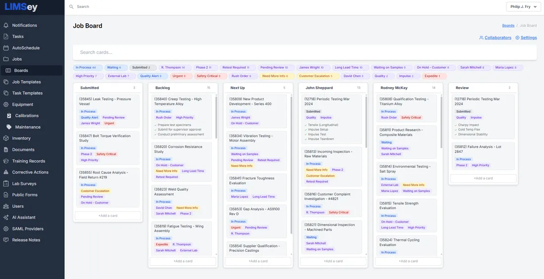 LIMSey job board showing lab jobs organized in kanban columns