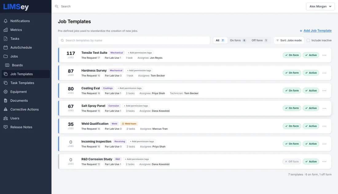 Job templates in LIMSey, each showing how many jobs it has made and whether it's on the request form