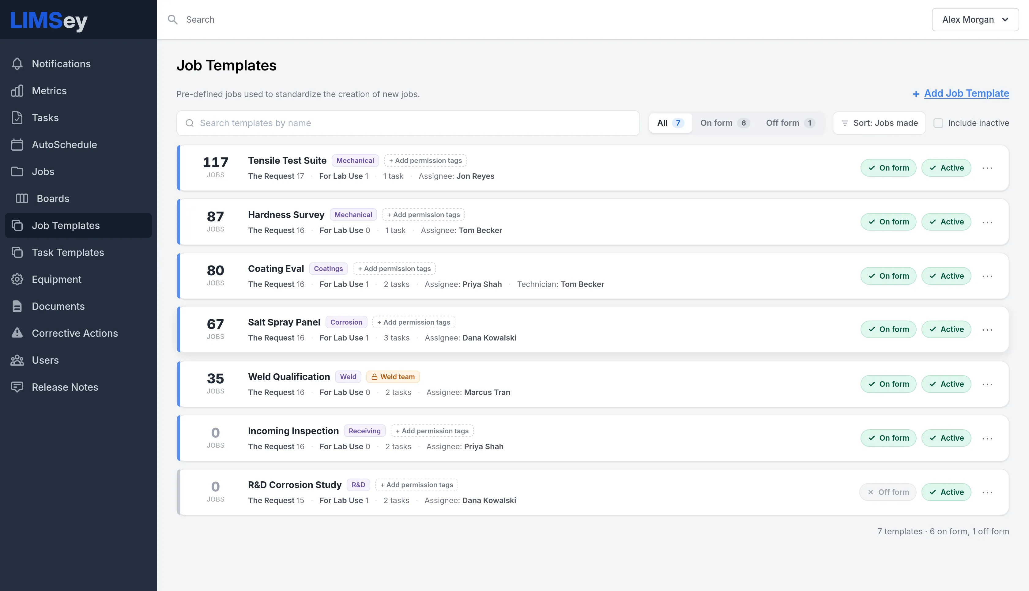 The Job Templates screen in LIMSey: seven pre-defined jobs — Tensile Test Suite with 117 jobs made, Hardness Survey with 87, Coating Eval, Salt Spray Panel, Weld Qualification restricted to the Weld team — each showing how many fields the requester fills in versus fields reserved for lab use