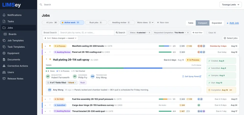 LIMSey Jobs list showing every lab job's status, task progress, assignees, and due dates