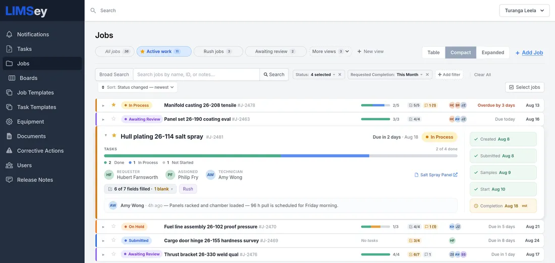 LIMSey Jobs list showing live status, task progress, and estimated completion dates for every job