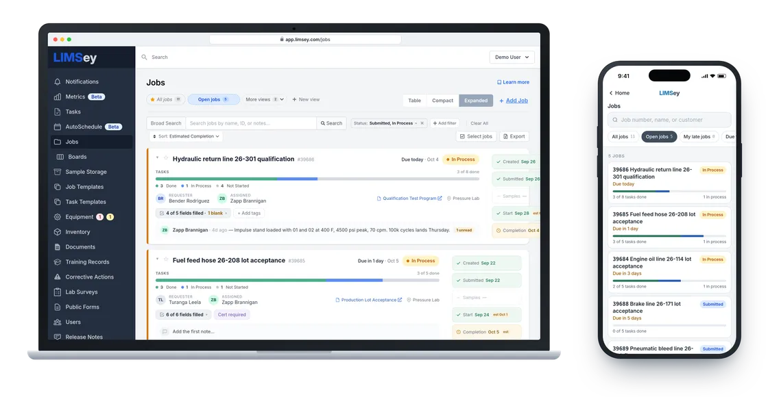 LIMSey's jobs list on a laptop and the same open jobs on the mobile jobs screen
