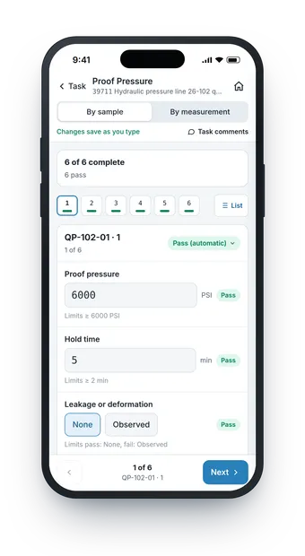 Entering test results for one sample on LIMSey's mobile screen, with automatic pass/fail