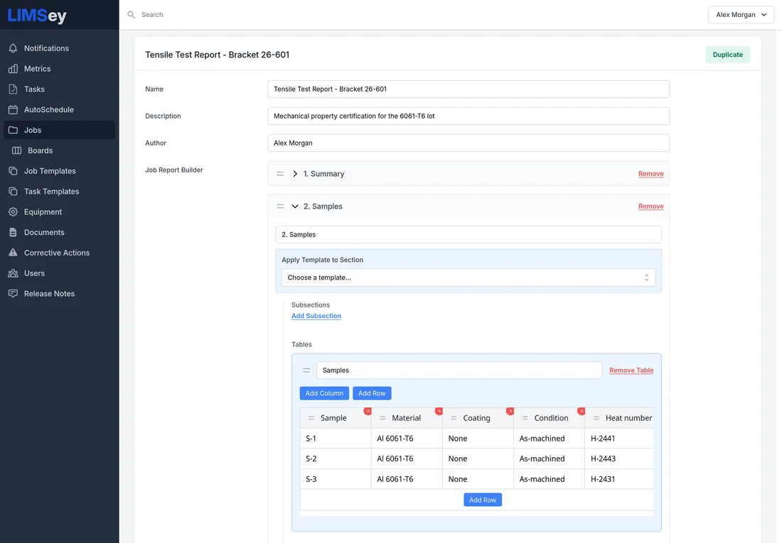 The LIMSey report builder editing a tensile test report template, with a samples table section open