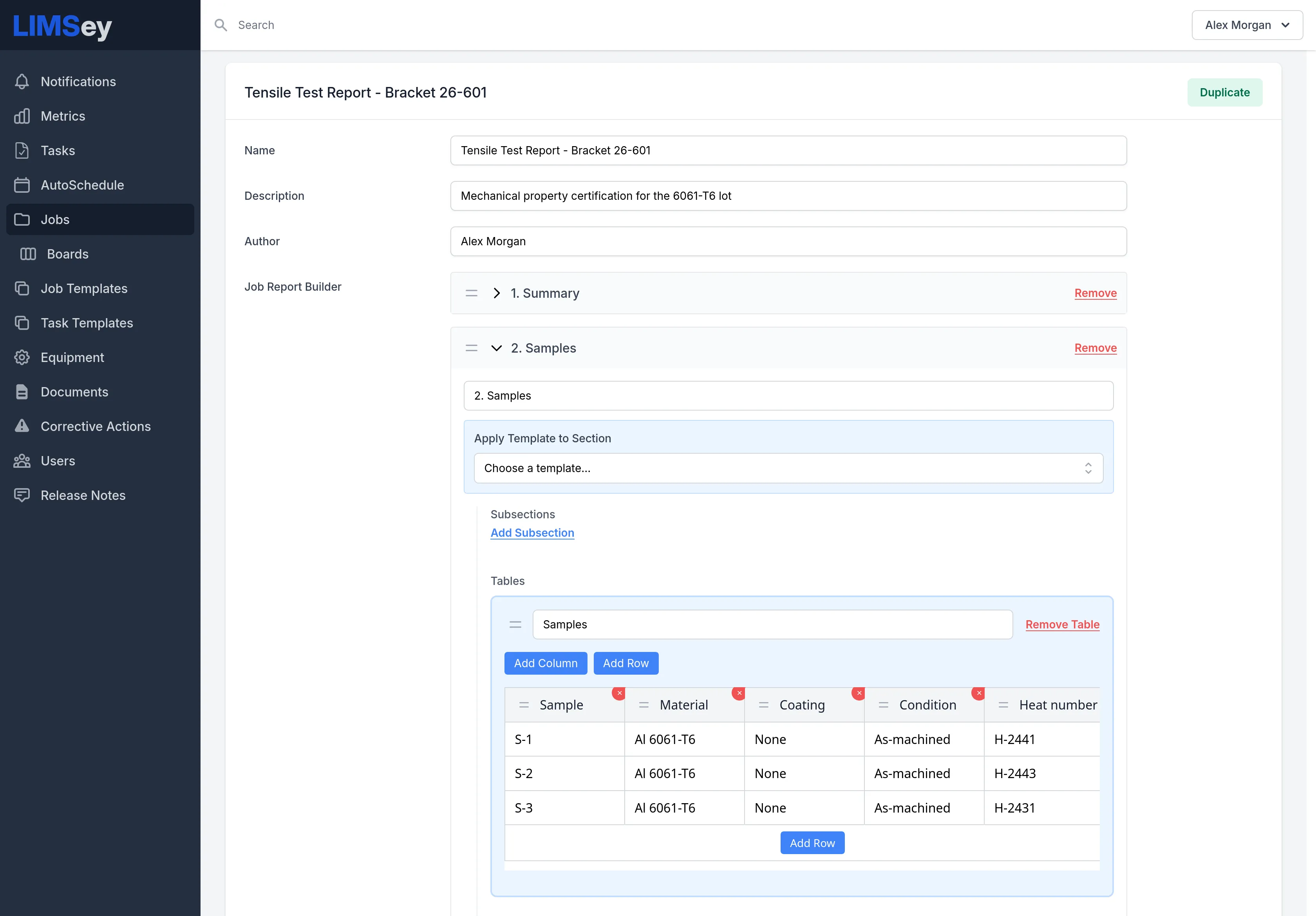 The Job Report Builder in LIMSey: a Tensile Test Report for Bracket 26-601 being assembled from sections — summary, samples — with a samples table of Al 6061-T6 specimens and their heat numbers, editable column by column