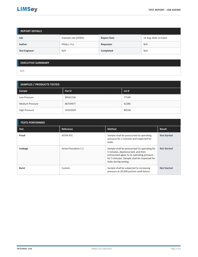A test report generated by LIMSey