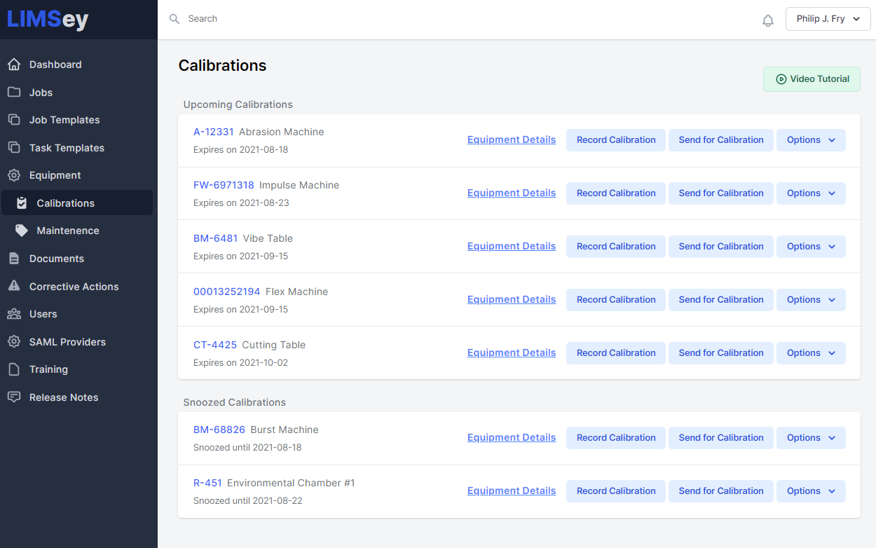 LIMSey equipment calibration management screen