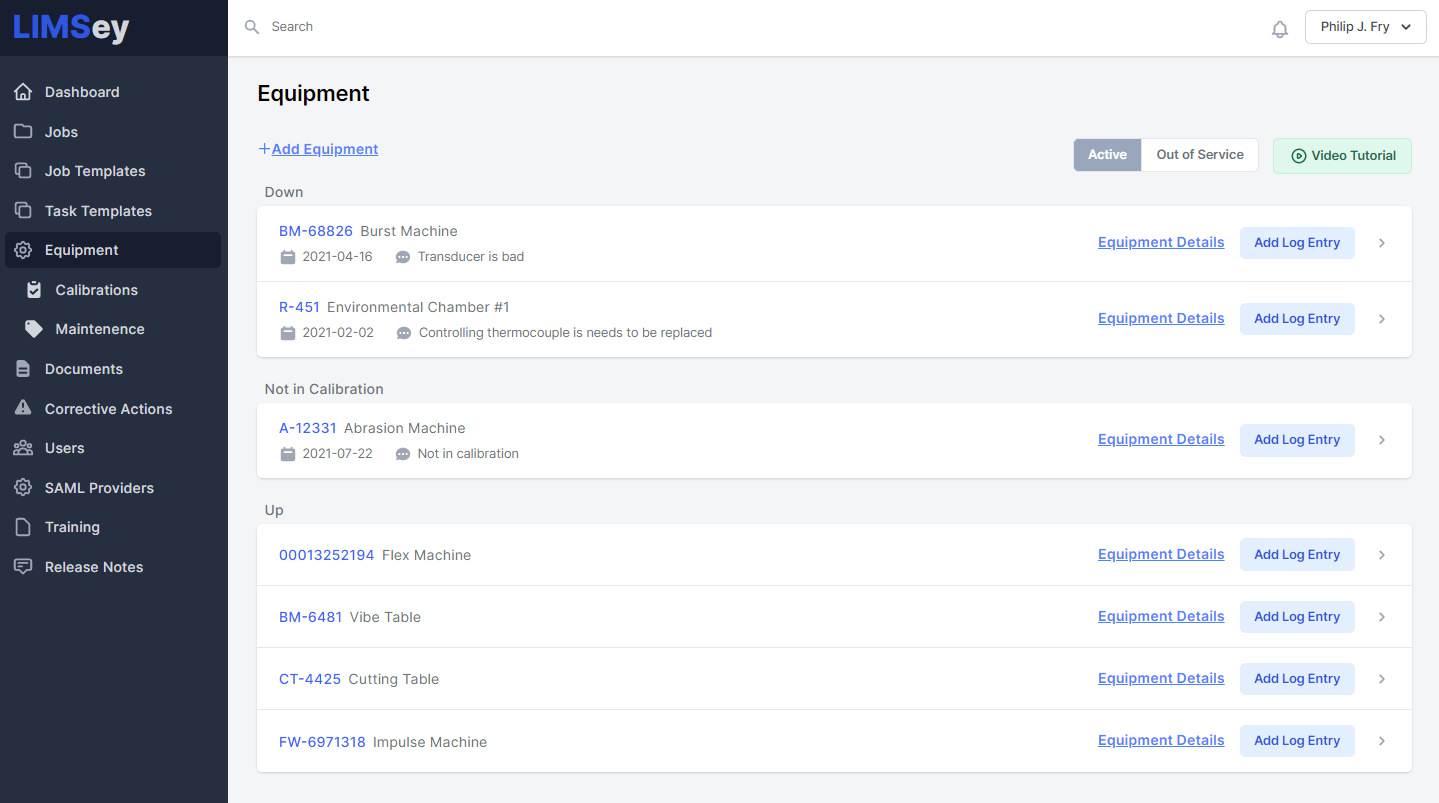 LIMSey equipment management screen