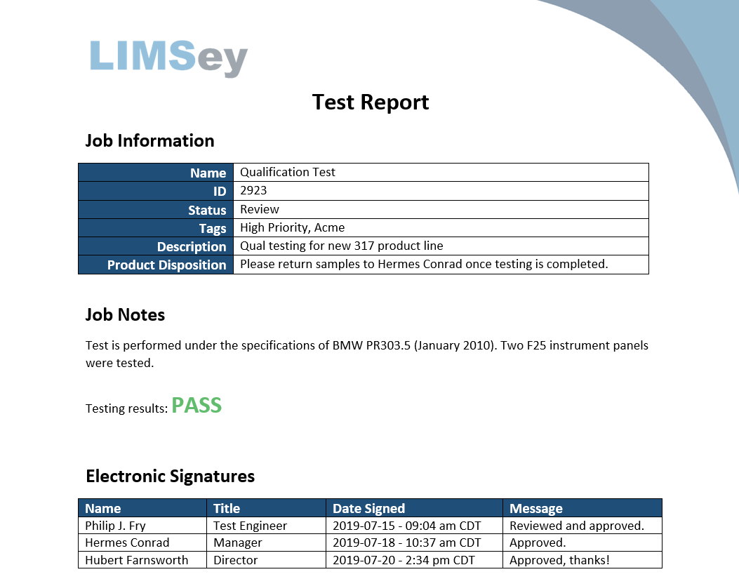 Example LIMSey report output in Microsoft Word