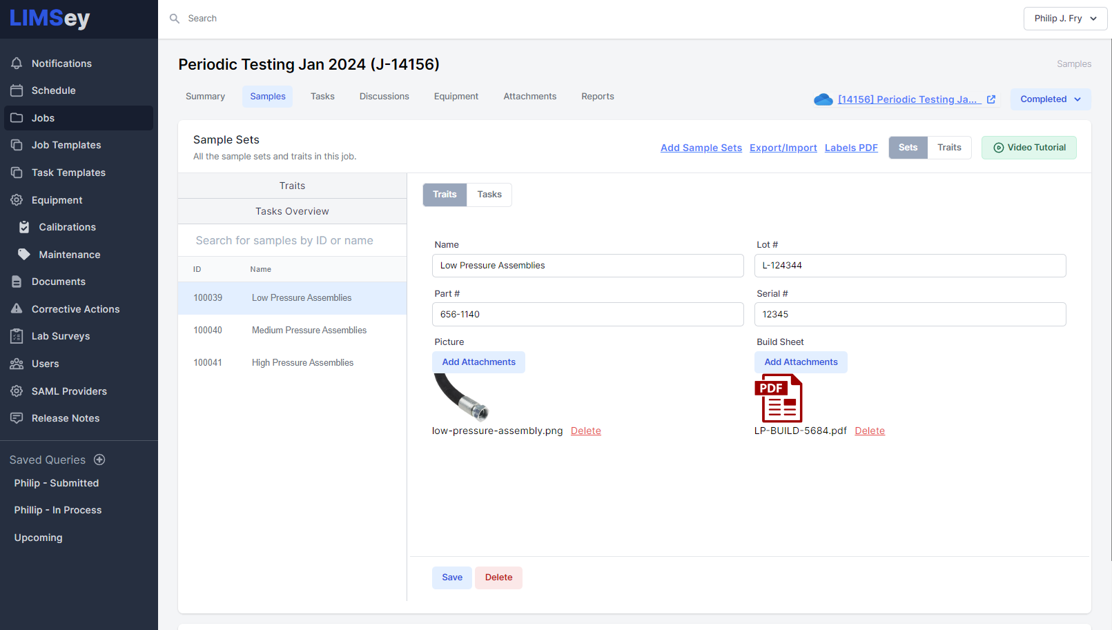 Sample LIMSey system page within a job showing sample details (traits)